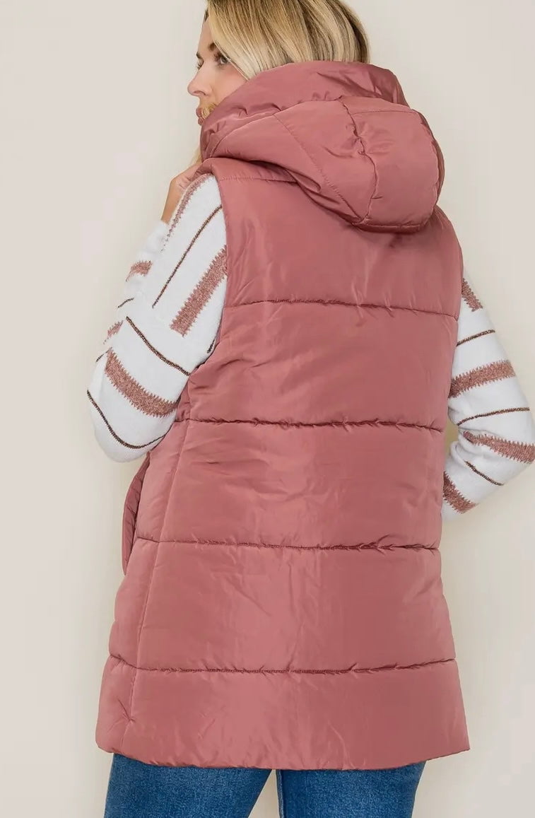 Hooded Solid Duster Puffer Vest