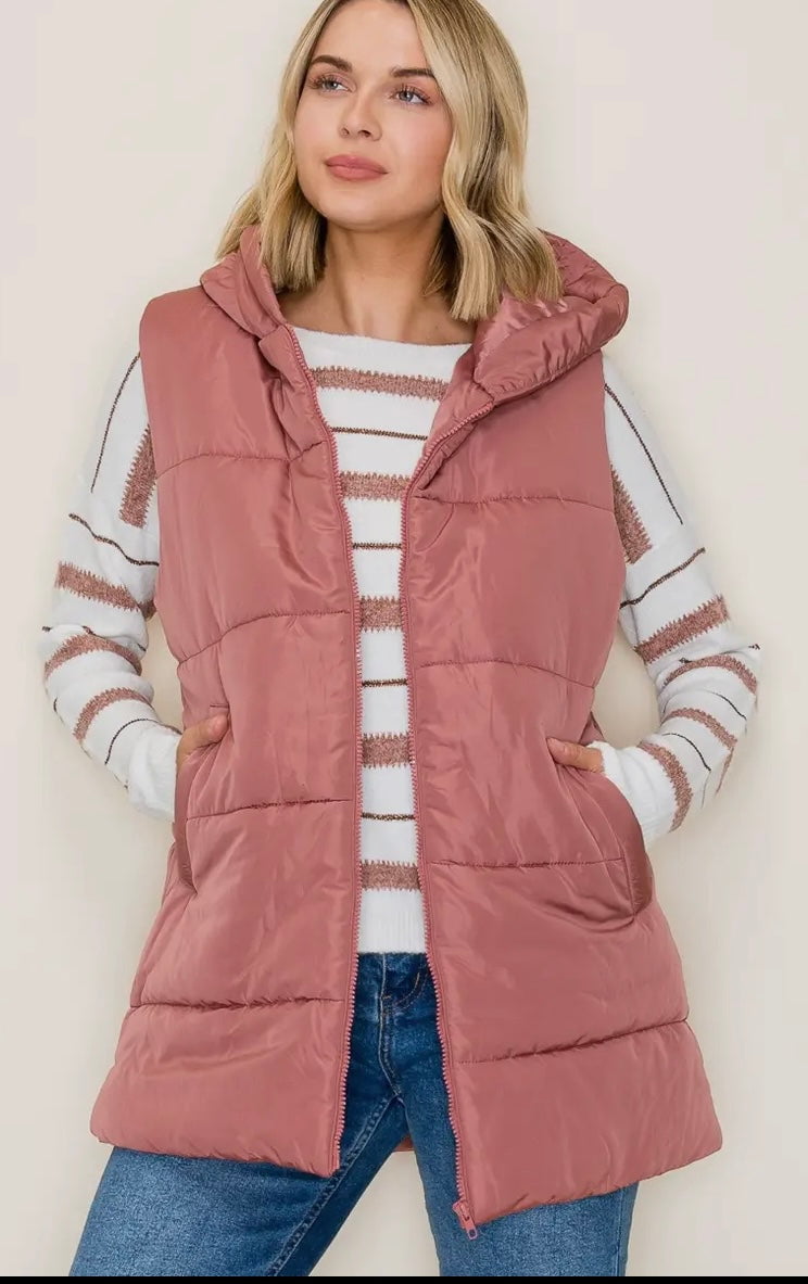 Hooded Solid Duster Puffer Vest
