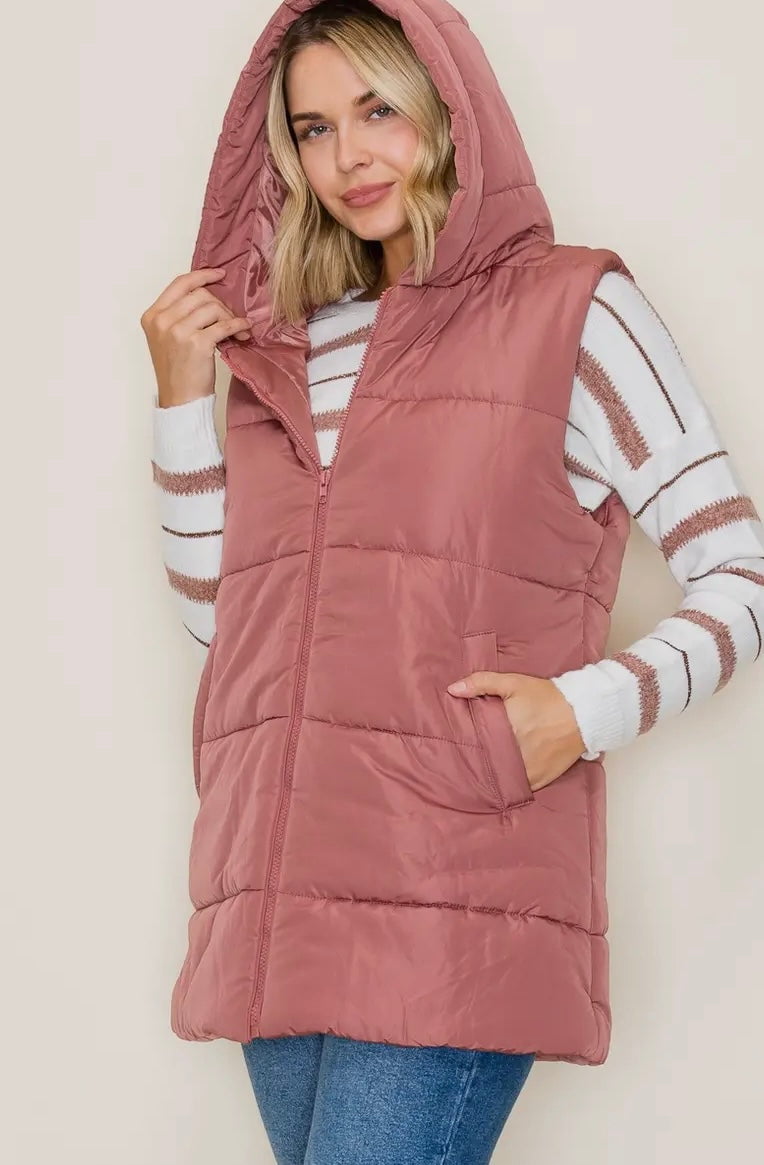 Hooded Solid Duster Puffer Vest