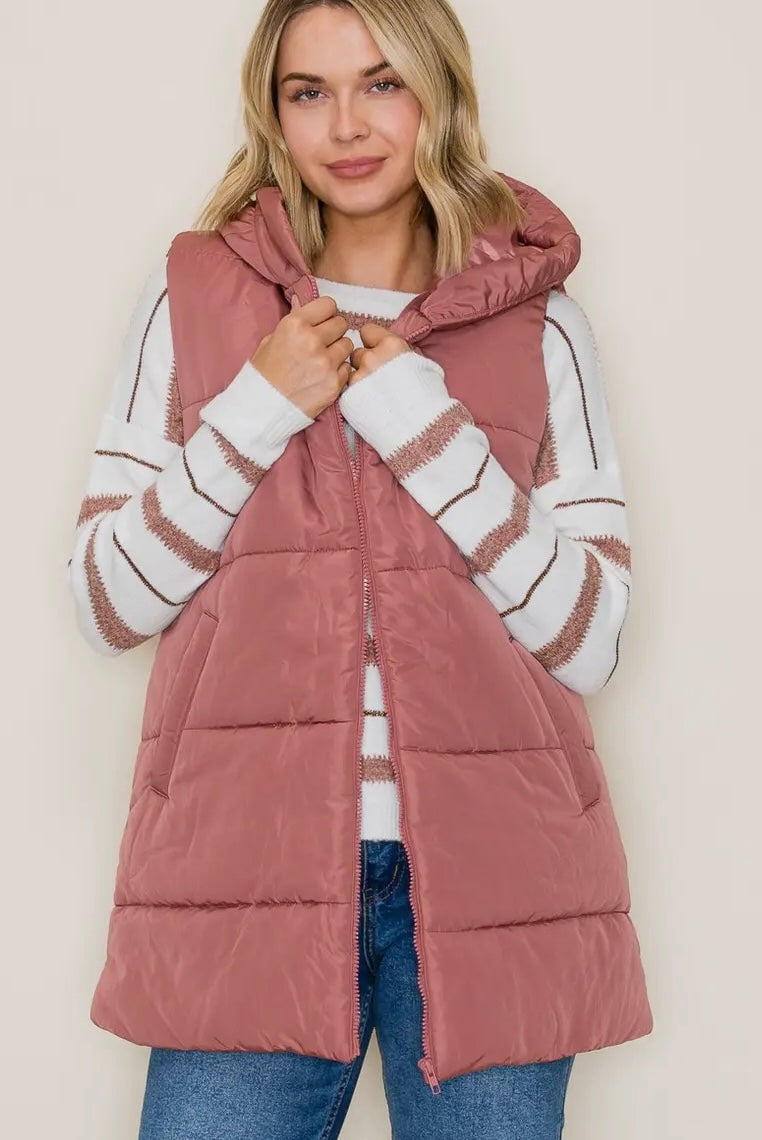 Hooded Solid Duster Puffer Vest
