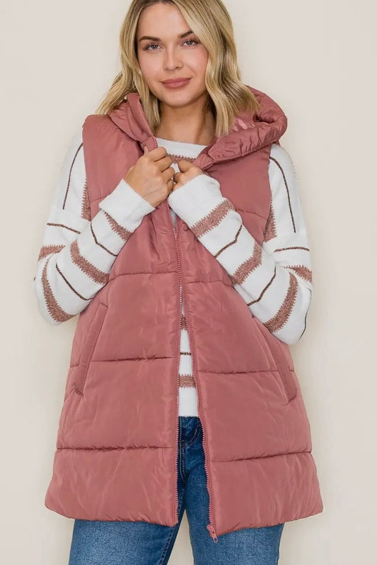 Hooded Solid Duster Puffer Vest